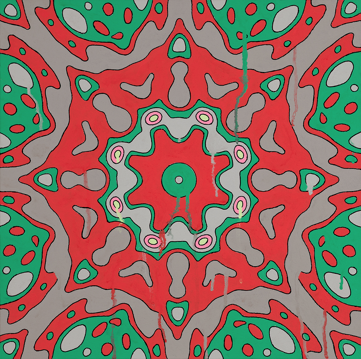 <br/>Alumroot Toggle, 4/11/2025<br/>18" x 18"<br/>acrylic and opaque marker on canvas